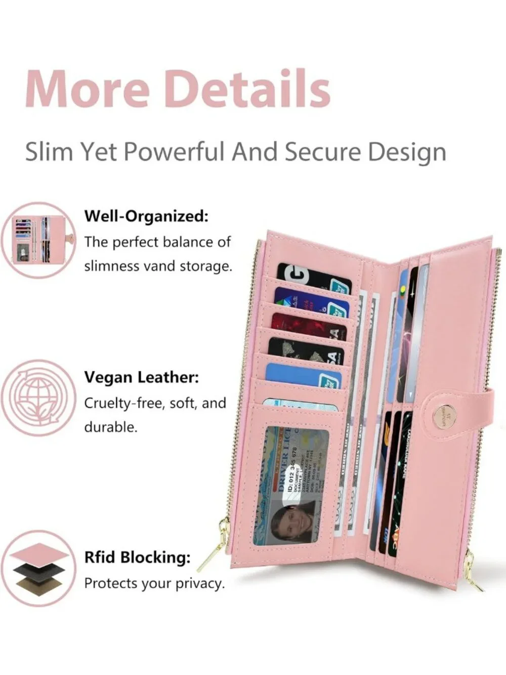 Slim Pink RFID Wallet for Women | 12 Slot Card Holder, Zipper Pocket, Vegan